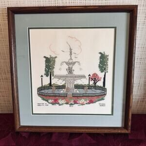 Vintage Needlepoint 16" Wood Framed Artwork, Forsyth Park, Savannah GA Folk Art